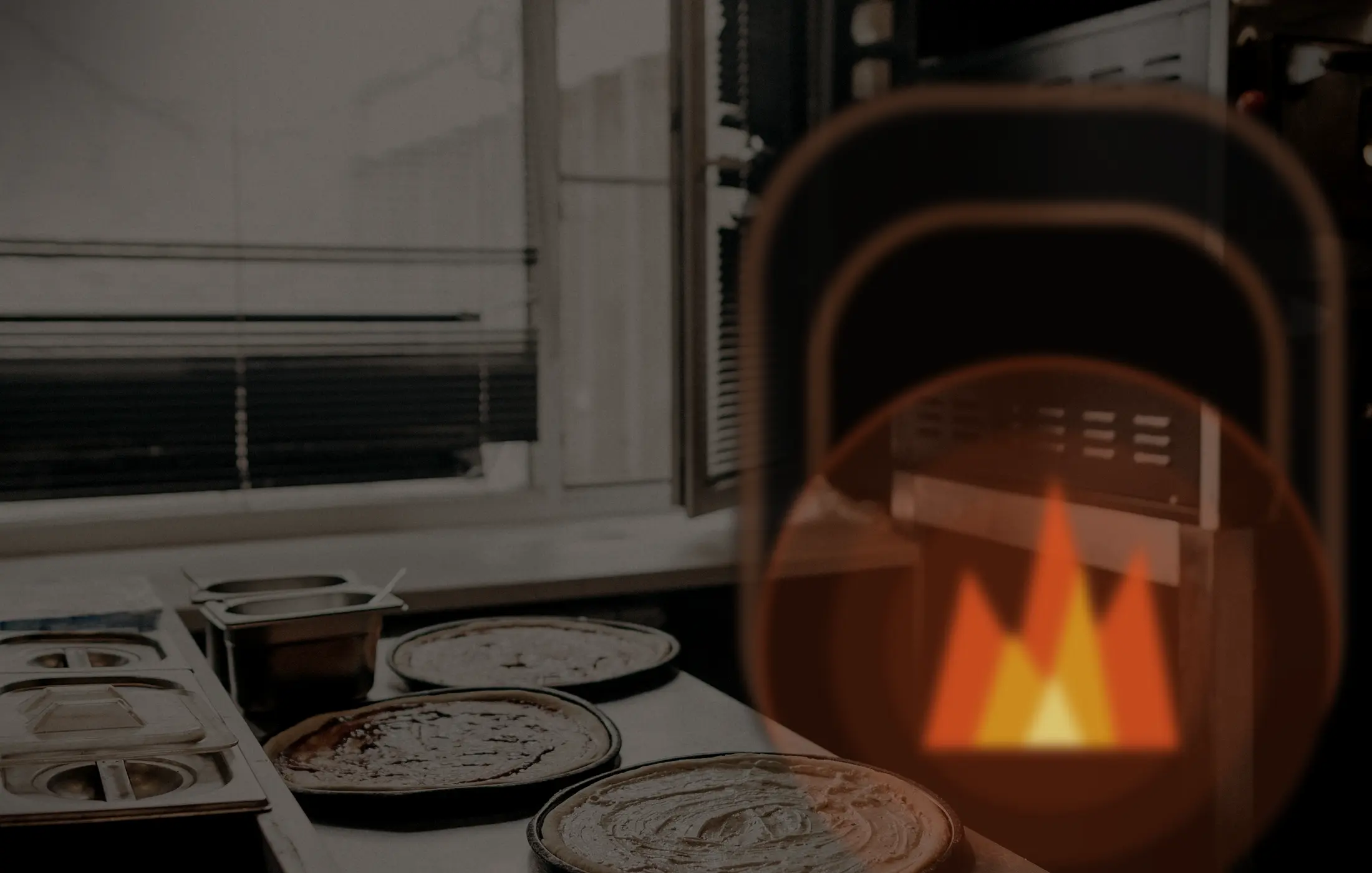 Glowing pizza oven and preparation counter